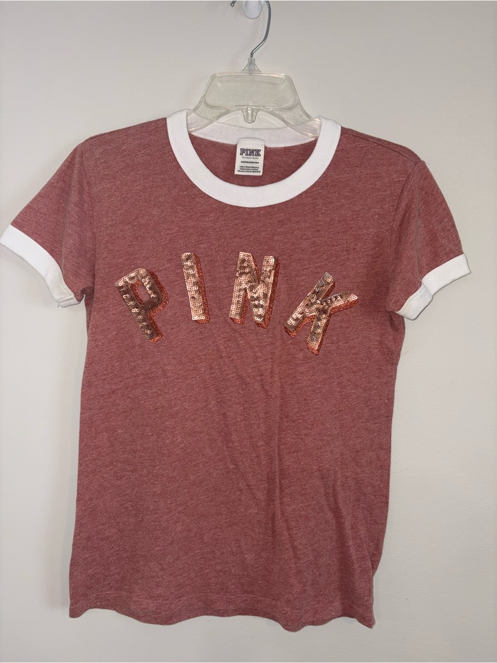 PINK Victoria's Secret Dusty Rose Ringer Tee with White Trim